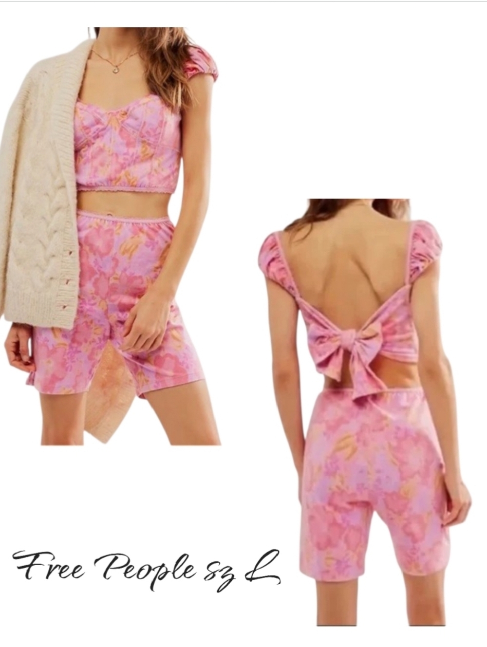 NWT Free People Get Physical Pink Floral Crop Top & Short Set Large